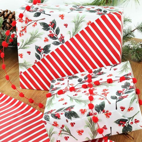 LaRibbons Reversible Christmas Wrapping Paper Sets, Classic Deer/Red White Plaid/Berries with 2 Trimming & 3 Gift Tags, Perfect for Season Party, Holiday, 30 Inch X 10 Feet (4Rolls, 100 sq.ft.ttl.) in Saudi Arabia