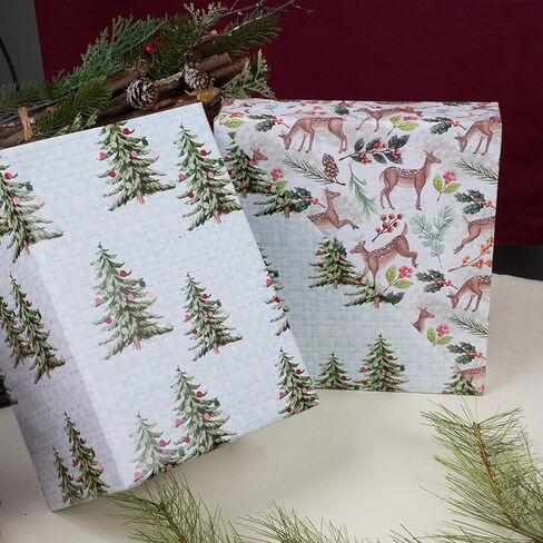 LaRibbons Reversible Christmas Wrapping Paper Sets, Classic Deer/Red White Plaid/Berries with 2 Trimming & 3 Gift Tags, Perfect for Season Party, Holiday, 30 Inch X 10 Feet (4Rolls, 100 sq.ft.ttl.) in Saudi Arabia