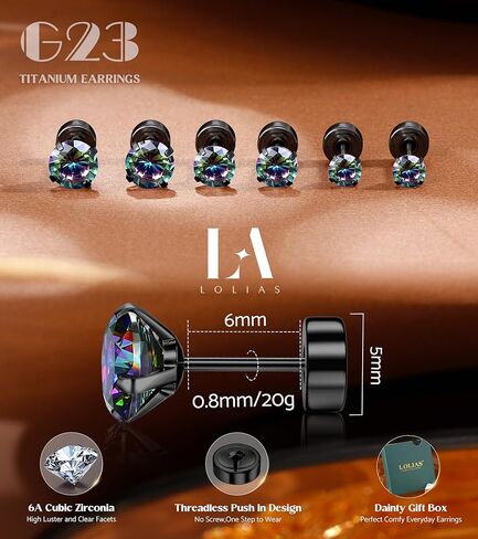 G23 Titanium Threadless Flat Back Earrings-Hypoallergenic 6A Cubic Zirconia Earrings Studs for Men-Trendy 20G Flatback Push Pin Cartilage Earring for Helix Tragus Piercing in Kuwait