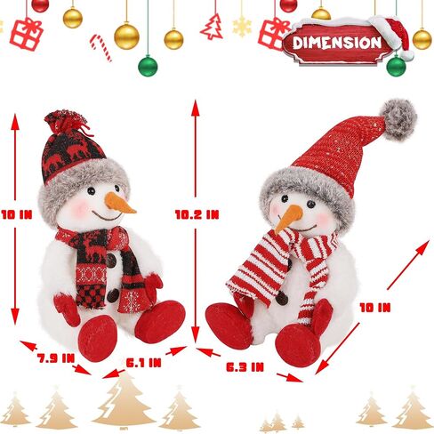 Lulu Home 2 Packs Christmas Snowman Decorations, 10.2" H Sitting Plush Touch Snowmen Wearing Scarfs & Hats, Xmas Tabletop Ornaments for Mantel Fireplace Window Sill Holiday Indoor Decor & Gifts in Saudi Arabia