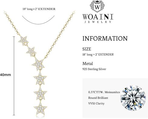 WOAINI Moissanite Y Lariat Necklace For Women, Sterling Silver Lab created Diamond Star Pendant, 14K White Gold / Gold Plated Women's Y-Necklaces, Jewelry Gifts for Women Wife Girlfriend Mom, GRA Certified in Saudi Arabia