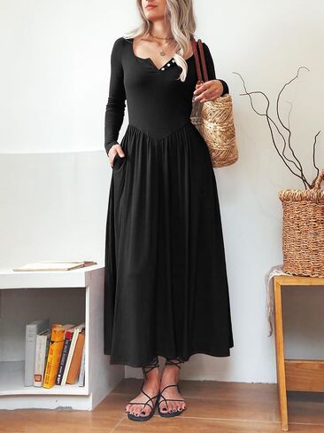 Long Sleeves Maxi Dress for Women A Line 2024 V Neck Casual Button Boho Tshirt Long Dress with Pockets in Saudi Arabia