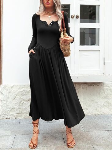 Long Sleeves Maxi Dress for Women A Line 2024 V Neck Casual Button Boho Tshirt Long Dress with Pockets in Saudi Arabia