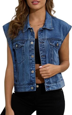 Jean Vest Top for Women Classic Denim Vest Sleeveless Jackets with Pockets Button Down Outerwear Vests Jean Waistcoat in Saudi Arabia