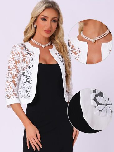 Allegra K Floral Lace Shrug for Women's 3/4 Sleeve Cropped Open Front Elegant Sheer Bolero Cardigan in Saudi Arabia