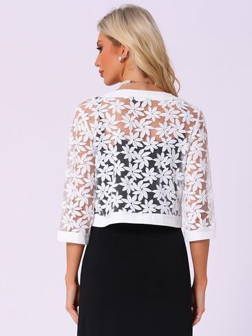 Allegra K Floral Lace Shrug for Women's 3/4 Sleeve Cropped Open Front Elegant Sheer Bolero Cardigan in Saudi Arabia