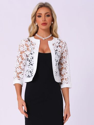 Allegra K Floral Lace Shrug for Women's 3/4 Sleeve Cropped Open Front Elegant Sheer Bolero Cardigan in Saudi Arabia