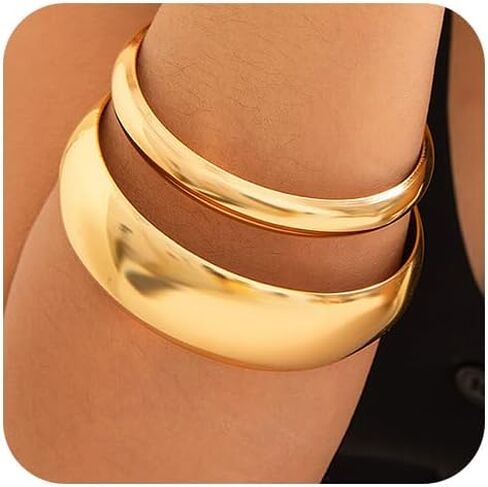 Chargances 2pcs Gold Chunky Bangle Bracelets Trendy Wide Statement Minimalist Cuff Set Fashion Wrist Bracelet Jewelry Accessories for Women and Girls in Saudi Arabia