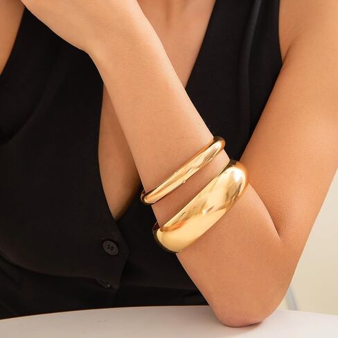 Chargances 2pcs Gold Chunky Bangle Bracelets Trendy Wide Statement Minimalist Cuff Set Fashion Wrist Bracelet Jewelry Accessories for Women and Girls in Saudi Arabia