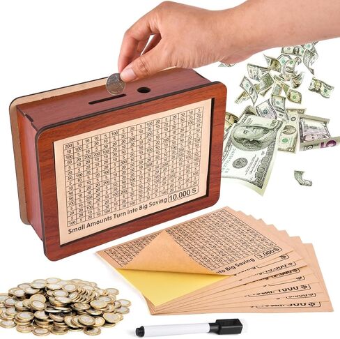 Money Saving Box,Reusable Wooden Money Vault Piggy Bank for Adults Kids with 500 1000 2000 3000 5000 10000 Money Saving Target Cash Vault Wooden Money Saving Box,Best Gifts for Family and Friends in Saudi Arabia