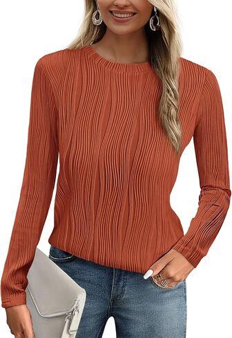 PRETTYGARDEN Women's Basic Plain Tee Shirts Fall Long Sleeve Crewneck Textured Dressy Casual Blouse Tops in Saudi Arabia