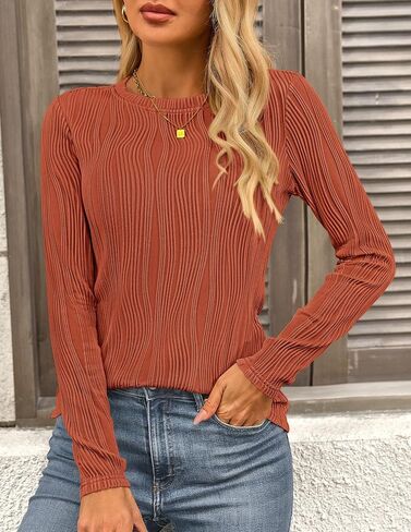 PRETTYGARDEN Women's Basic Plain Tee Shirts Fall Long Sleeve Crewneck Textured Dressy Casual Blouse Tops in Saudi Arabia