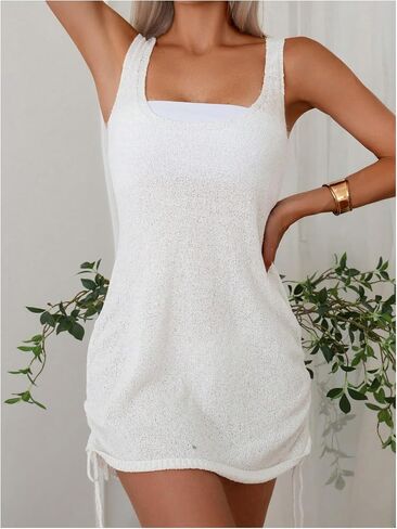 Women's Sleeveless Tie Backless Beach Dress Scoop Neck Knitt Swimsuit Coverup Drawstring Side Cover Up in Saudi Arabia