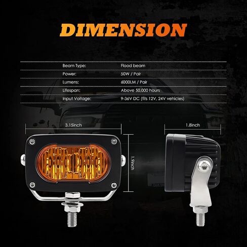 Amber LED Pods, 3 Inch LED Fog Lights 50W Small Flood LED Pods Lights IP68 LED Driving Fog Light Yellow Offroad Lights Ditch Lights Bumper Lights Compatible with Truck Motorcycle ATV UTV SUV Boat in Saudi Arabia