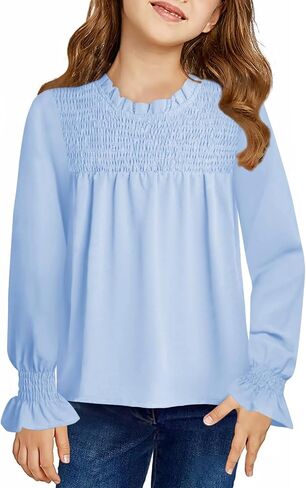 Haloumoning Girls Long Sleeve Shirts Kids Cute Pleated Crewneck Blouse Tunic Tops 5-14 Years in Saudi Arabia