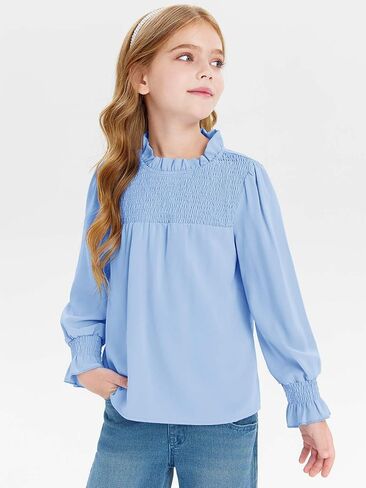 Haloumoning Girls Long Sleeve Shirts Kids Cute Pleated Crewneck Blouse Tunic Tops 5-14 Years in Saudi Arabia