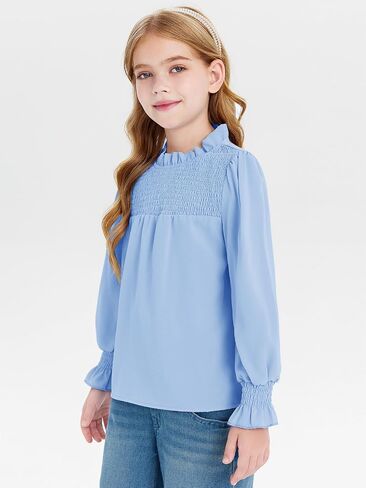 Haloumoning Girls Long Sleeve Shirts Kids Cute Pleated Crewneck Blouse Tunic Tops 5-14 Years in Saudi Arabia