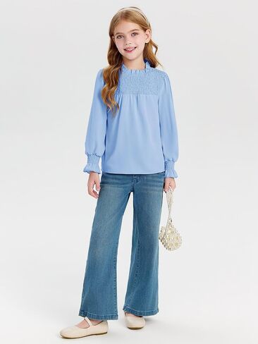 Haloumoning Girls Long Sleeve Shirts Kids Cute Pleated Crewneck Blouse Tunic Tops 5-14 Years in Saudi Arabia