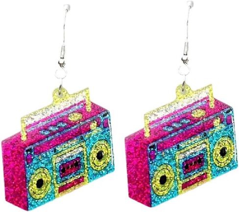 80s Neon Earrings for Women Colorful Cassette Tape Acrylic Drop Earrings Retro Glitter Radio Dangle Earrings for 80's Outfit Party Accessories in Saudi Arabia