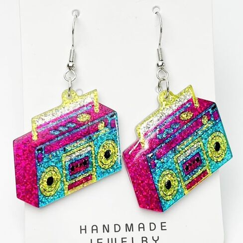 80s Neon Earrings for Women Colorful Cassette Tape Acrylic Drop Earrings Retro Glitter Radio Dangle Earrings for 80's Outfit Party Accessories in Saudi Arabia