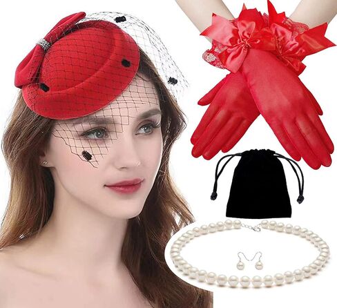 Women Girls Fascinator Hat Bow Mesh Veil for Party 20s 50s Pillbox Hats with Pearl Necklace & Earrings and Lace Gauze Gloves in Saudi Arabia
