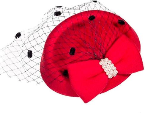 Women Girls Fascinator Hat Bow Mesh Veil for Party 20s 50s Pillbox Hats with Pearl Necklace & Earrings and Lace Gauze Gloves in Saudi Arabia