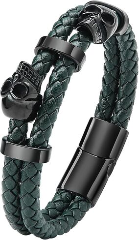 Double Skull Bracelets for Men - 316L Stainless Steel Cuff Punk Bracelets - Skeleton Row Genuine Leather Bracelet Gothic Jewelry in Kuwait