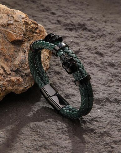 Double Skull Bracelets for Men - 316L Stainless Steel Cuff Punk Bracelets - Skeleton Row Genuine Leather Bracelet Gothic Jewelry in Kuwait