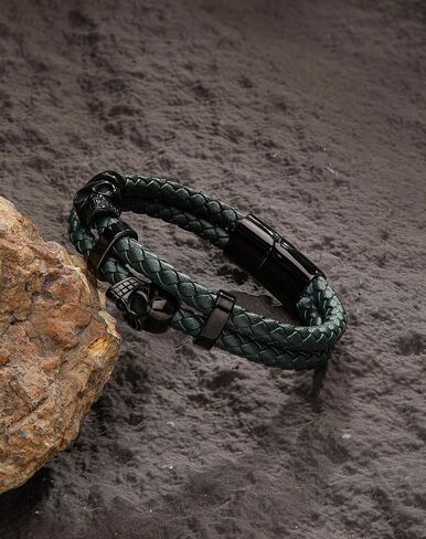 Double Skull Bracelets for Men - 316L Stainless Steel Cuff Punk Bracelets - Skeleton Row Genuine Leather Bracelet Gothic Jewelry in Kuwait