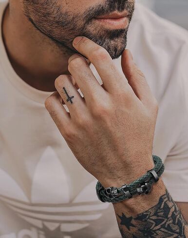 Double Skull Bracelets for Men - 316L Stainless Steel Cuff Punk Bracelets - Skeleton Row Genuine Leather Bracelet Gothic Jewelry in Kuwait