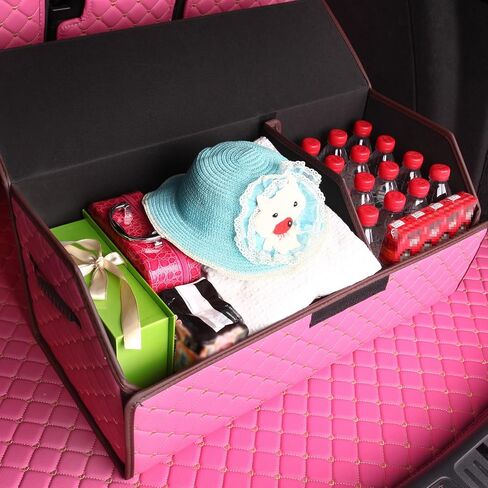 car organizers and storage for SUV,trunk organizer for sedan, leather foldable sleek box with lid,collapsible cargo bins, tool accessories containers,Pink women (21.65 inch) in Saudi Arabia