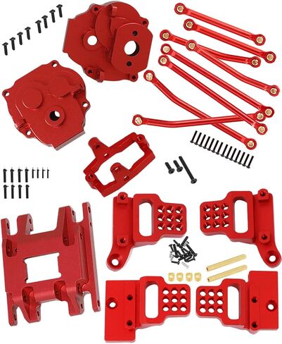 Upgrades for 1/18 TRX4M RC Crawler,Aluminum Alloy Front Rear Adjustable Shock Towers,Gearbox Housing,Transmission Mount,Steering Servo Mount & Chassis Links Hops up,Red in Saudi Arabia
