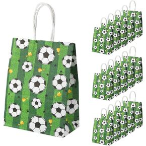 16pcs Soccer Party Favor Paper Bags, White Football Gift Bag Football Themed Party Bags with Handles Soccer Goodie Bags Treat Candy Bags for Kids Adults Soccer Party Supplies