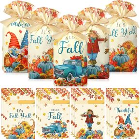Qeeenar 60 Pcs Fall Plastic Treat Bags with Drawstring Small Autumn Gift Bags Bulk Maple Leaves Pumpkin Plastic Candy Goodie Bags for Fall Harvest Thanksgiving Party Supplies (Watercolor Style)