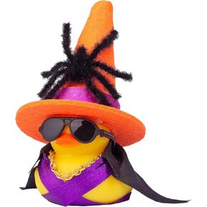 Halloween Rubber Duck Car Ornament, Rubber Duck Car Dashboard Spider Halloween Accessories Decor with Mini Witch Hat Necklace Sunglasses Cloak