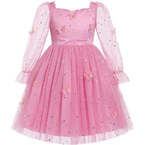 IMEKIS Kids Girls Birthday Princess Dress Mesh Long Sleeve Sparkle Butterfly Stars Tulle Pageant Formal Party Dresses