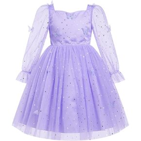 IMEKIS Kids Girls Birthday Princess Dress Mesh Long Sleeve Sparkle Butterfly Stars Tulle Pageant Formal Party Dresses