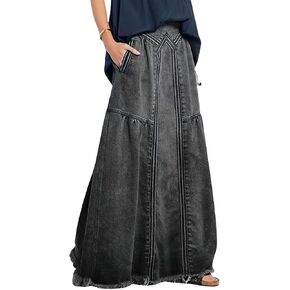 utcoco Women's Maxi Denim Skirt Retro Elastic High Waist A-Line Frayed Hem Hippie Long Jean Skirts