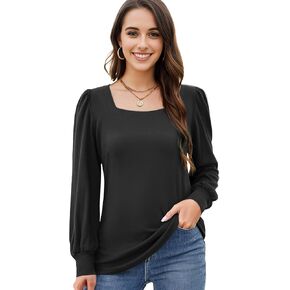 AURUZA Women's Long Sleeve Tops Blouses Fall Casual Loose Shirts Dressy Pleated Square Neck Tunic Tops for Women 2023