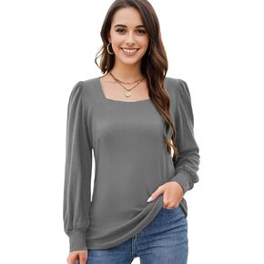 AURUZA Women's Long Sleeve Tops Blouses Fall Casual Loose Shirts Dressy Pleated Square Neck Tunic Tops for Women 2023