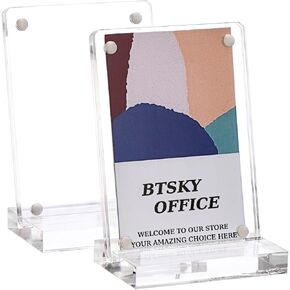 BTSKY 2 Set Clear Acrylic Business Card Display Stand Fits 2.5x3.5 Inches Cards, Magnetic Card Easel Holders Case Durable Name Card Display Rack for Desk Mini Acrylic Picture Frames for Home & Office