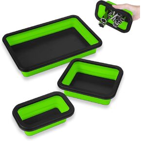 Collapsible Magnetic Parts Tray Set - 3 Different Size Tool Trays for Screw, Bolts, Nuts, Washers, Pins and Other Small Metal Parts, Mechanic Tool Gifts for Men - Green