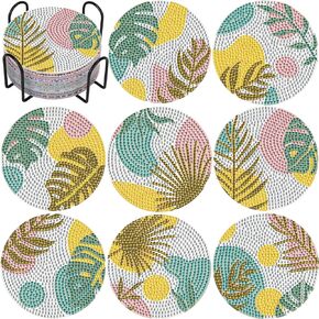 8 Pcs Leaves Diamond Coasters Painting Coasters with Holder, DIY Leave Boho Diamond Art Coasters for Adults Kids Beginners, Diamond Art Painting Kits Accessories Art Craft Supplies in Kuwait