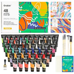 Grabie Acrylic Paint, 48 Colors Paint, Art Supplies, Acrylic Paint Set with 5 Paint Brushes, 10-Sheet Canvas Paper, 36-Sheet Disposable Palette Paper, Stencil Set, and Blending Tool, Craft Paint