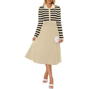 AGSEEM Women's Casual Striped Midi Dress Lapel Long Sleeve Button Ribbed Knit Swing Pleated A Line Dresses
