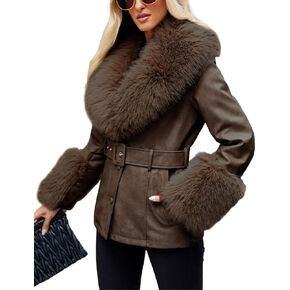 Giolshon Women Faux Leather Jacket Winter Long Sleeve Zip Warm Belt Coat with Fur Collar