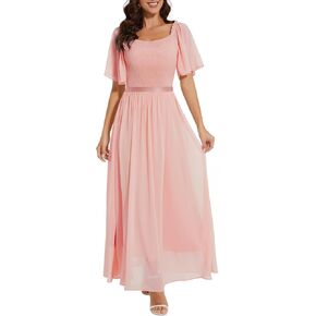 Womens Short Sleeve Chiffon Elegant Maxi Dress Smocked Wedding Guest Cocktail Party Dress