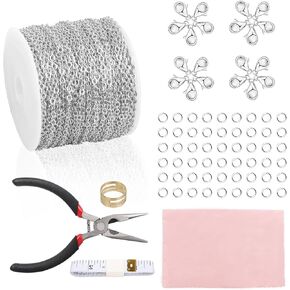 Fesorsi 60ft Steel Chain for Jewelry Making, Plated Chains 2 Rolls Extender Link with Lobster Clasps Jump Rings and Plier, DIY Chains Bulk Making for Bracelet Necklace Anklet Earring (Gold & Silver)