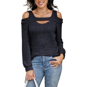 Womens Cold Shoulder Tops Cut Out Neck Long Sleeve Shirts Off Shoulder Tunic Top Casual Blouse