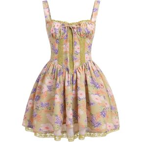 ABAFIP Women's Corset Mini Dress Spaghetti Straps Backless Lace up Low Cut Ruffle Short Dress Sundress